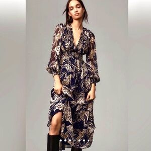 Anthropologie Printer Johnson Moth Print Long Sleeve Midi Dress Sz XS